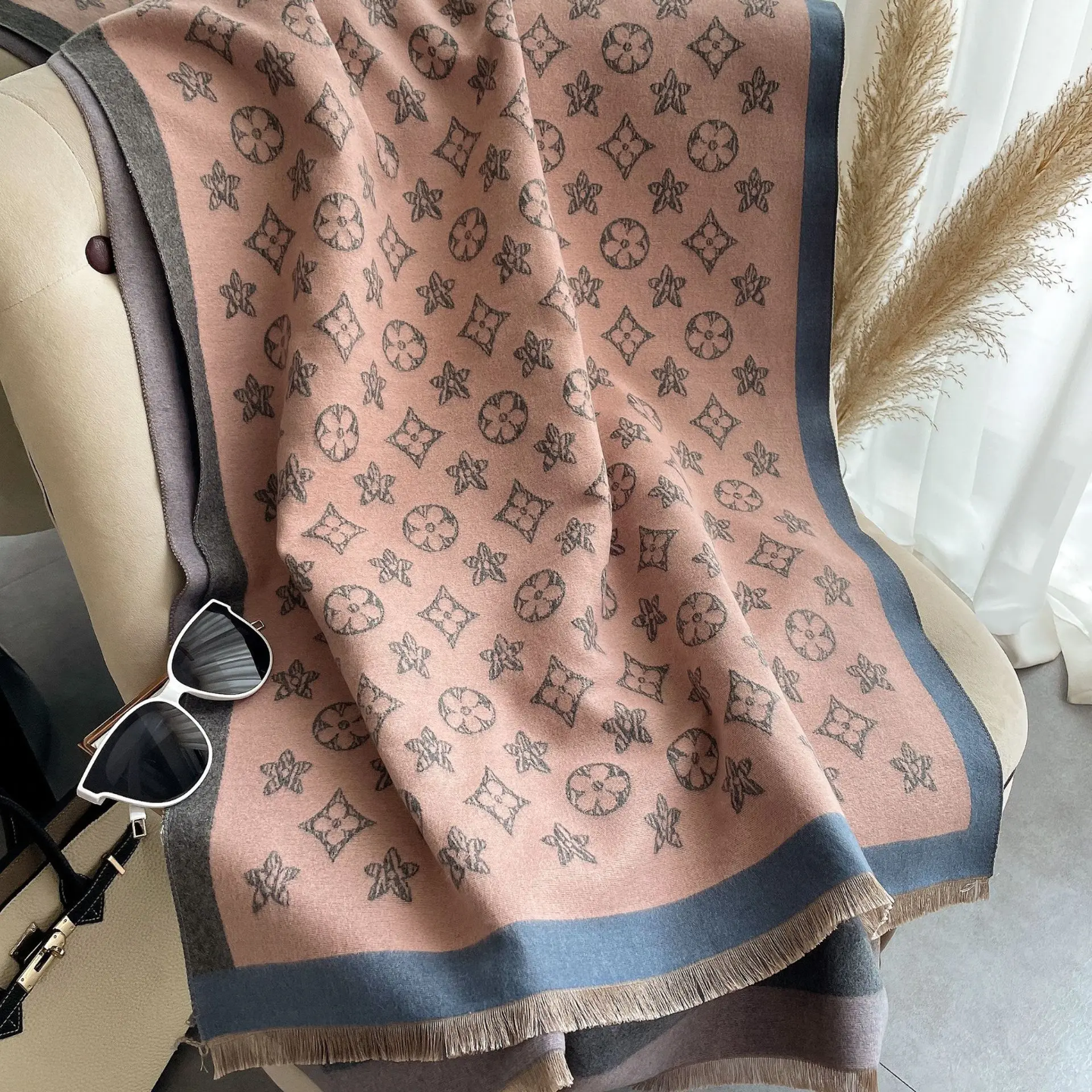 Luxury Monogram Pattern Scarf for Women | Soft Winter Shawl & Wrap | Elegant Statement Accessory
