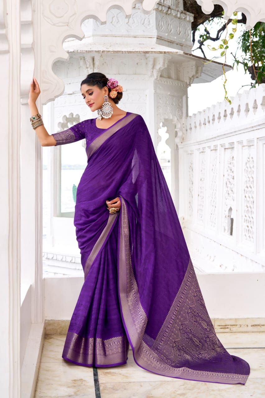 Premium Chinon Silk Saree with Intricate Zari Weaving & Self Print | Elegant Party & Occasion Wear