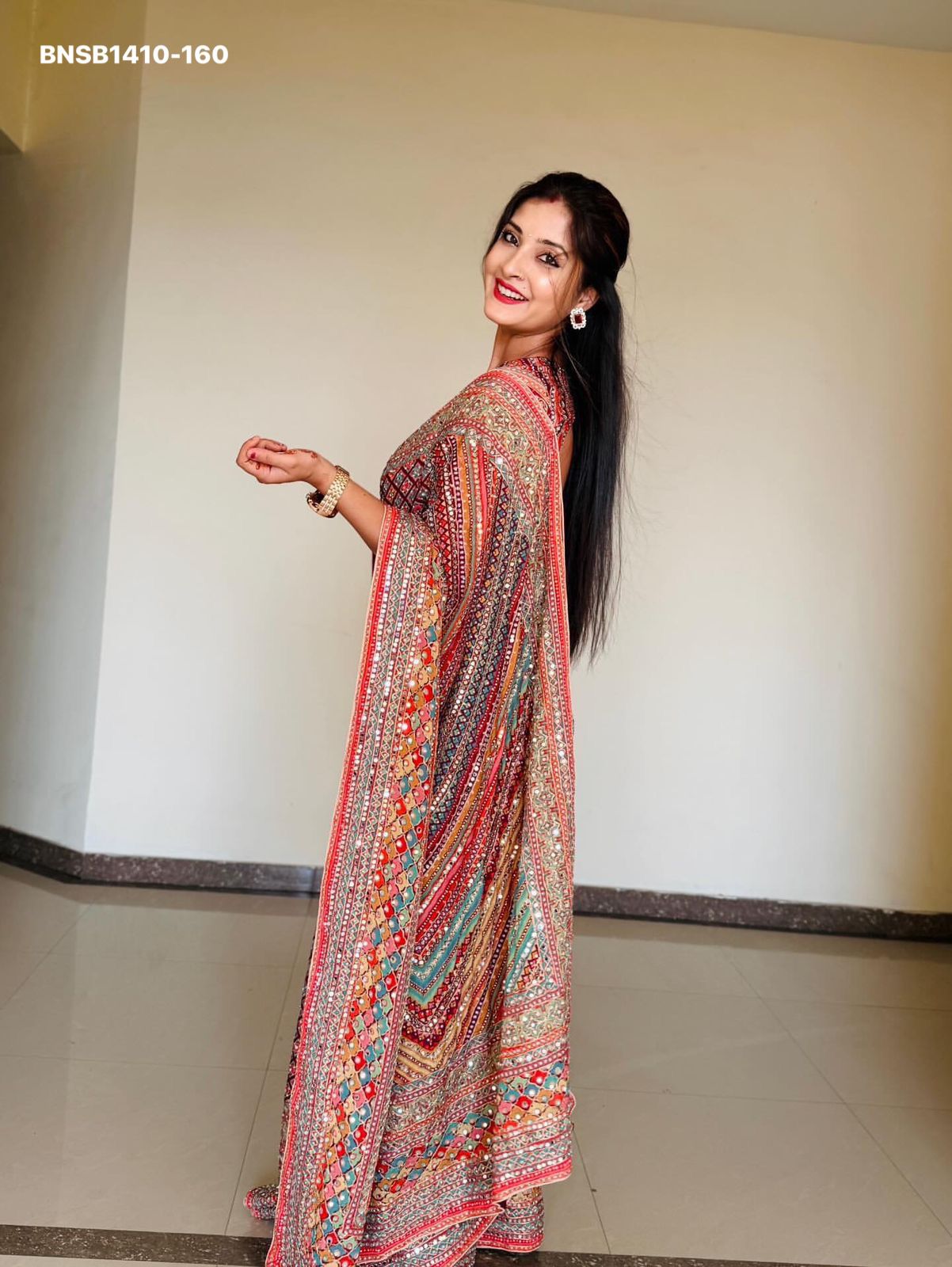 Multicolour Soft Chinnon Saree | Real Mirror Work Saree | Designer Printed Saree | Indian Party Wear Saree | Festival Saree