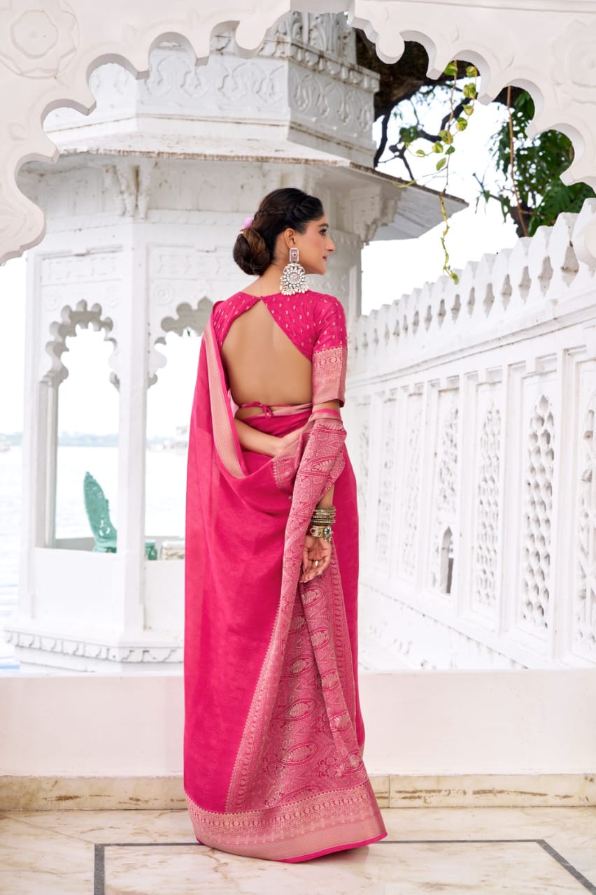 Premium Chinon Silk Saree with Intricate Zari Weaving & Self Print | Elegant Party & Occasion Wear