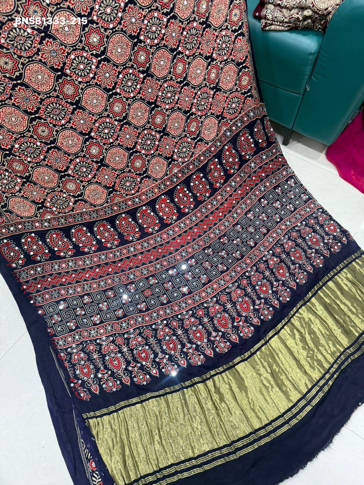 Elegant Ajrakh Bandhani Gaji Silk Saree With Mirror Work & Gota Patti Handwork –Traditional Bandhej Saree  Ready to wear fall pico completed