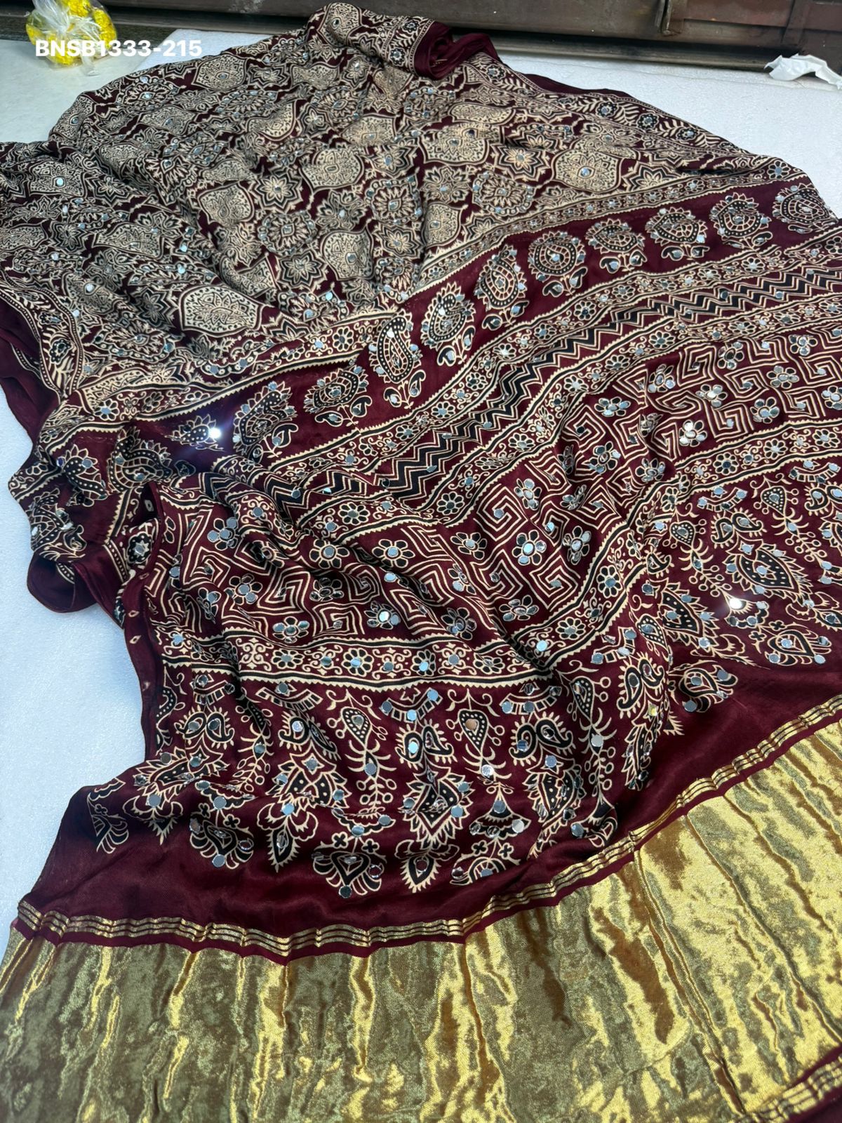 Elegant Ajrakh Bandhani Gaji Silk Saree With Mirror Work & Gota Patti Handwork –Traditional Bandhej Saree  Ready to wear fall pico completed