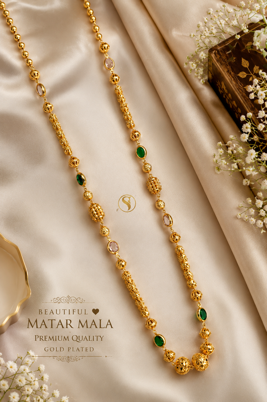 Gold Plated Matar Mala Necklace for Women – Traditional Indian Long Mala Chain with Green Stone Detailing | Ethnic Wedding Jewellery