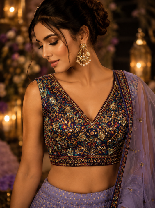 Designer Purple Embroidered Lehenga Set with Thread Work Blouse & Net Dupatta – Festive & Wedding Wear