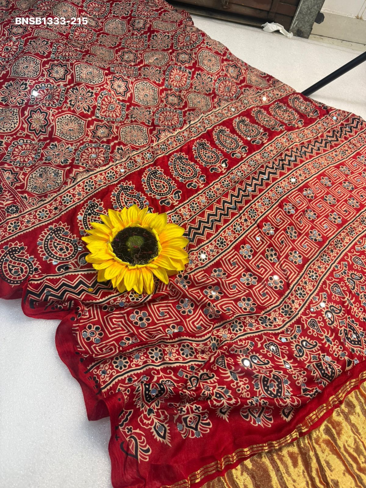 Elegant Ajrakh Bandhani Gaji Silk Saree With Mirror Work & Gota Patti Handwork –Traditional Bandhej Saree  Ready to wear fall pico completed