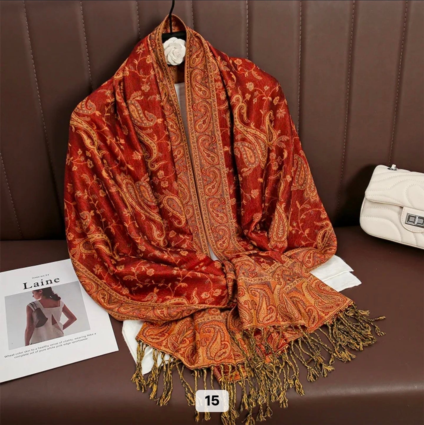 Luxury Paisley Woven Pashmina Shawl with Intricate Border & Tassel Fringe | Premium Kashmiri Style Wrap