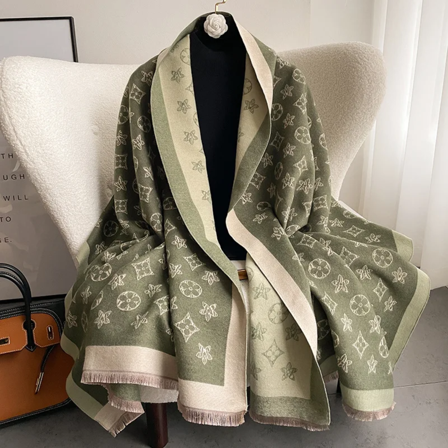 Luxury Monogram Pattern Scarf for Women | Soft Winter Shawl & Wrap | Elegant Statement Accessory