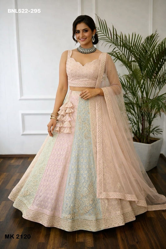 Designer Pastel Lehenga Choli Set Stitched L Size Adjustable to XXL, Embroidered Faux Georgette Lehenga with Net Dupatta, Wedding Party Wear