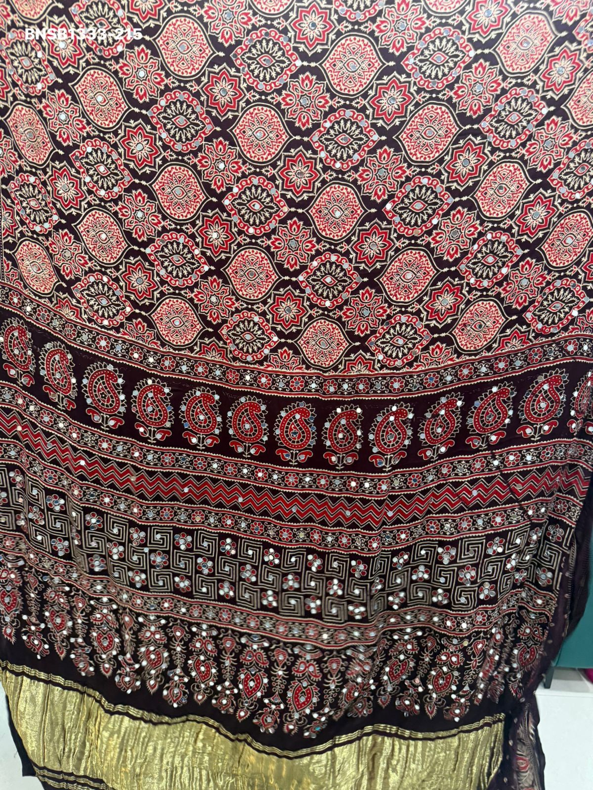 Elegant Ajrakh Bandhani Gaji Silk Saree With Mirror Work & Gota Patti Handwork –Traditional Bandhej Saree  Ready to wear fall pico completed