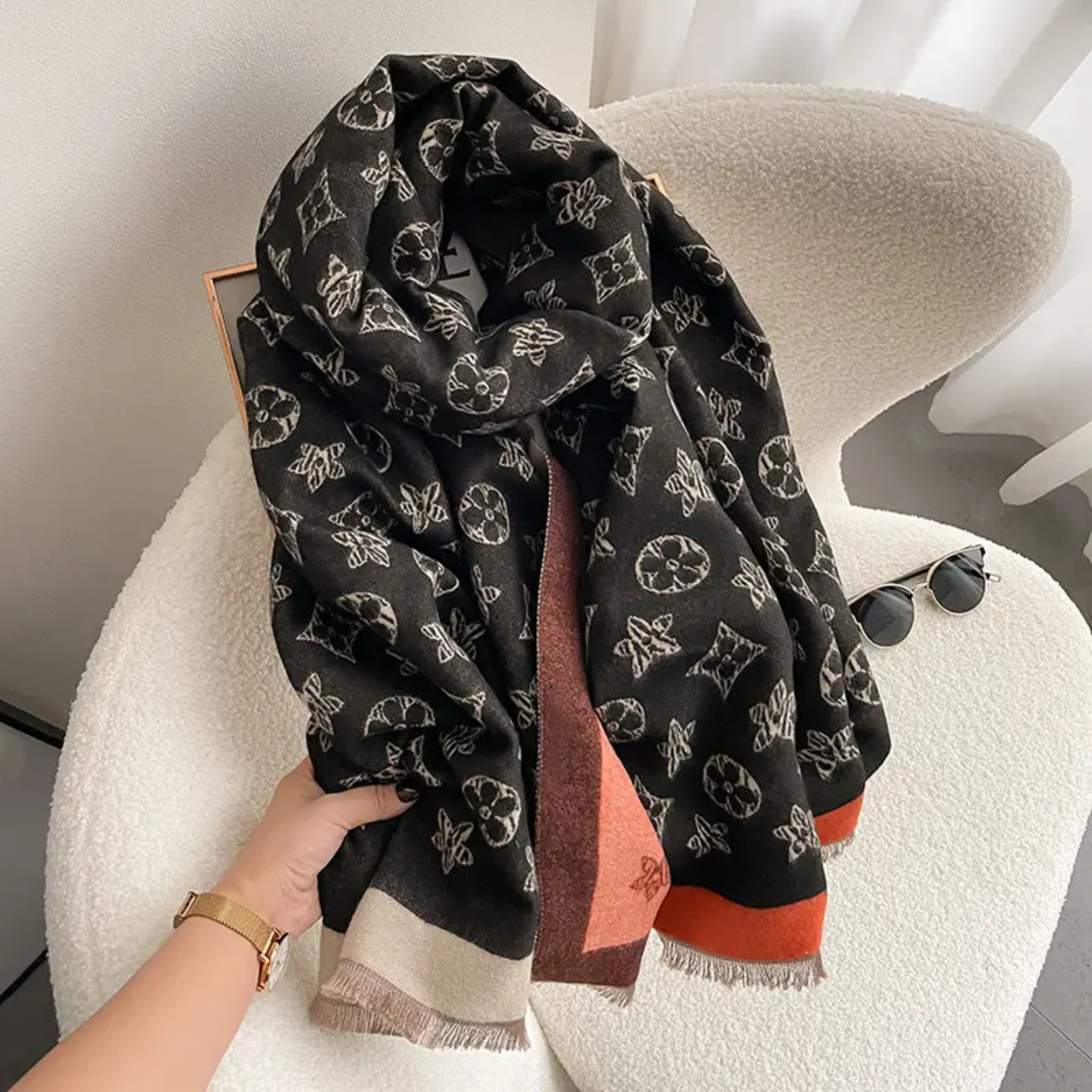 Black and orange monogram pattern scarf 