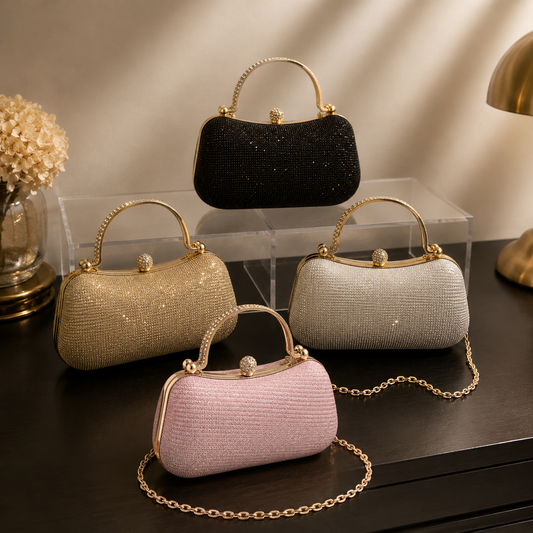 Elegant Glitter Clutch Bags for Women – Evening Party Handbags with Gold Handle & Chain Strap