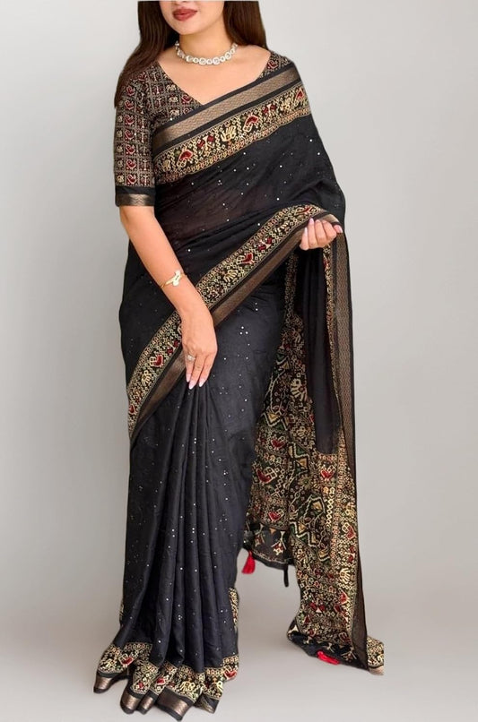 Black Saree Final look
Black Pure Viscose Georgette Saree with Zari Work and Jacquard Border – Elegant Designer Partywear Saree
