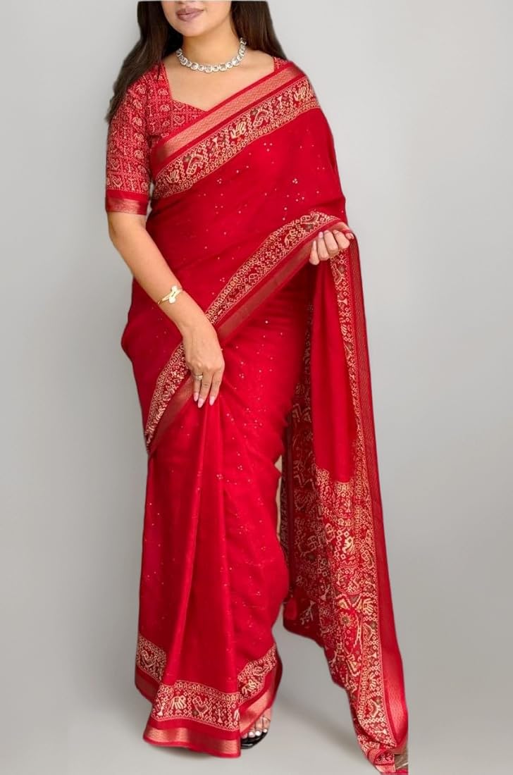 Red Saree Final look
Red Pure Viscose Georgette Saree with Zari Work and Jacquard Border – Elegant Designer Partywear Saree