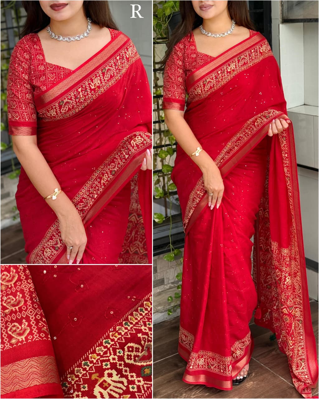 Red Saree Multi  View 
Red Pure Viscose Georgette Saree with Zari Work and Jacquard Border – Elegant Designer Partywear Saree