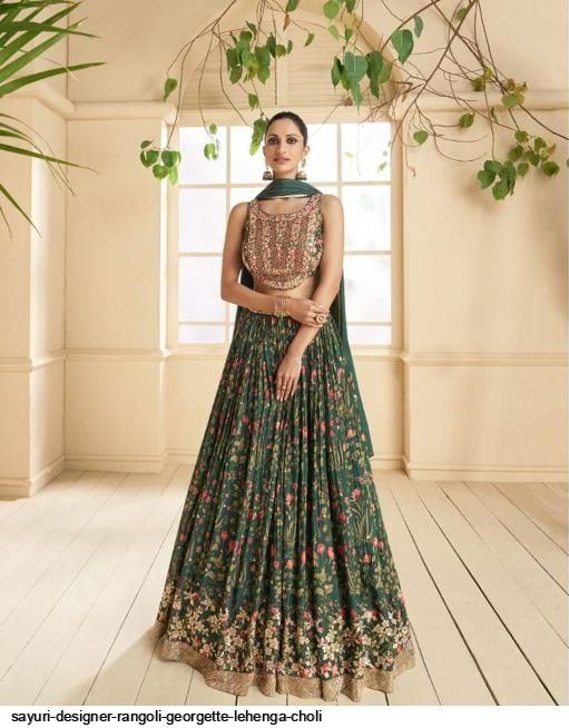 Dark Green Designer Embroidered Pure Georgette Wedding Lehenga